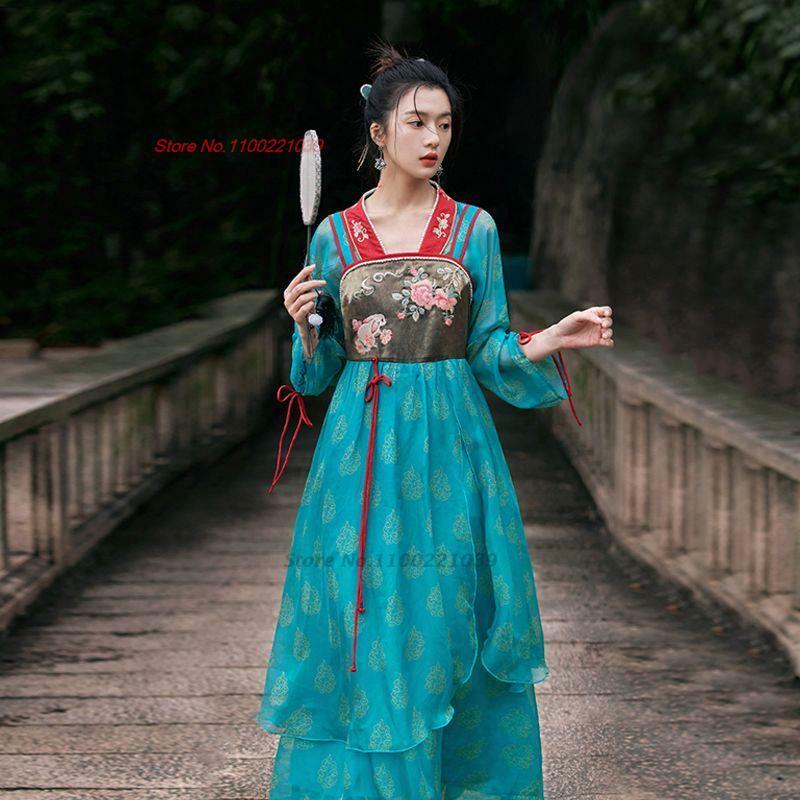 伝統的な中国のフォークダンスの衣装、国民のコートとストラップのドレスセット、古代の花のプリンセスシフォンドレス、ヴィンテージハニードレス、2024