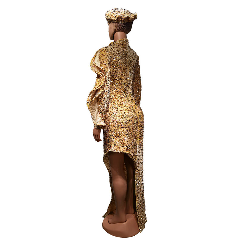 خريف شتاء الأفريقية كم طويل س الرقبة الذهب الترتر فستان طويل ماكسي فساتين أنقرة مع قبعة فساتين الأفريقية للنساء