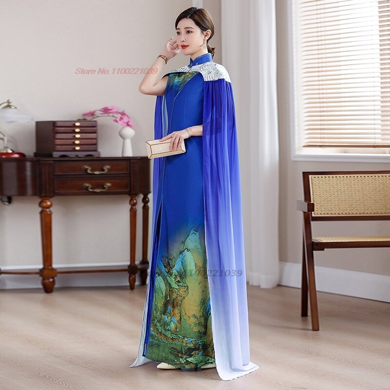 2024 traditional chinese vintage dress improved cheongsam national flower print with cloak dress banquet evening dress qipao