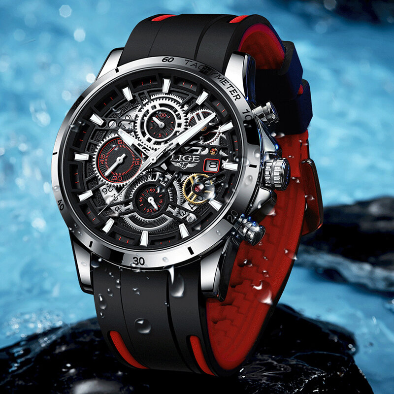 LIGE jam tangan bisnis pria, arloji Quartz tahan air bercahaya silikon lembut tanggal untuk lelaki
