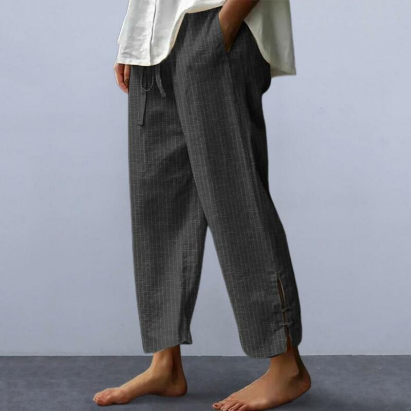 Calça casual solta de meia altura para mulheres, calça feminina de harém de perna larga elegante com bolsos, confortável para primavera e verão