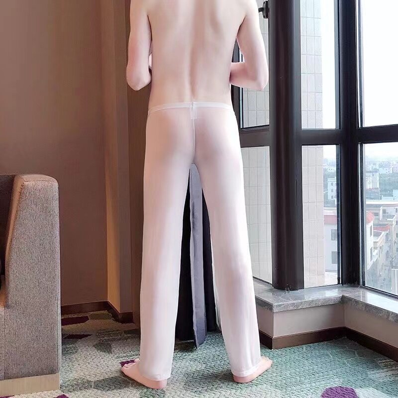 Celana piyama jala pria transparan bersirkulasi tinggi elastis celana panjang rumah seksi nyaman celana legging bening pria