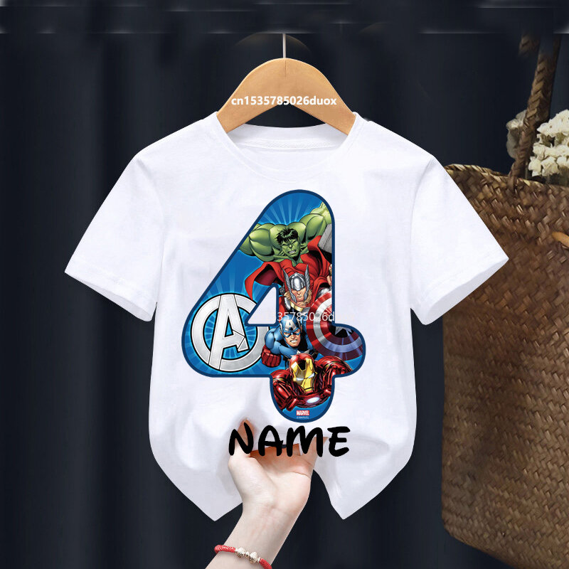 Camiseta de manga corta de superhéroe de Marvel para niños, camiseta de Los Vengadores, nombre personalizado, 2, 3, 4, 5, 6, 7, 8, 9 cumpleaños, Verano