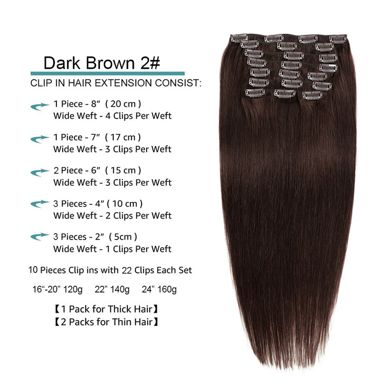 Doczepy z włosów typu Clip in Remy Hair Proste brazylijskie bezszwowe doczepy z ludzkich włosów 10 SZTUK/PAKIET 24 cale 160 g Ciemnobrązowy#2
