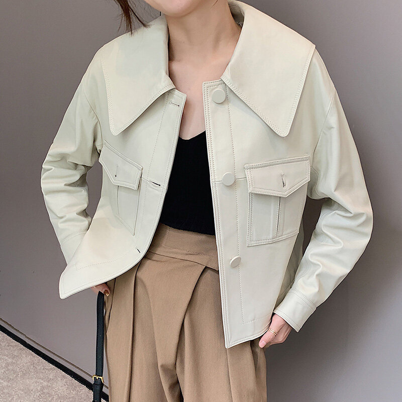 2022 novos casacos de couro senhora single-breasted genuíno pele de carneiro casaco de couro bolso à prova de vento elegante moda streetwear tf8293