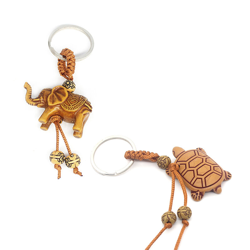 Porte-clés pendentif en forme d'animal, éléphant, bois de pêche, tortue, cheval, sculpture, porte-bonheur pour femmes, sacs Pom Pom, breloque pour la maison