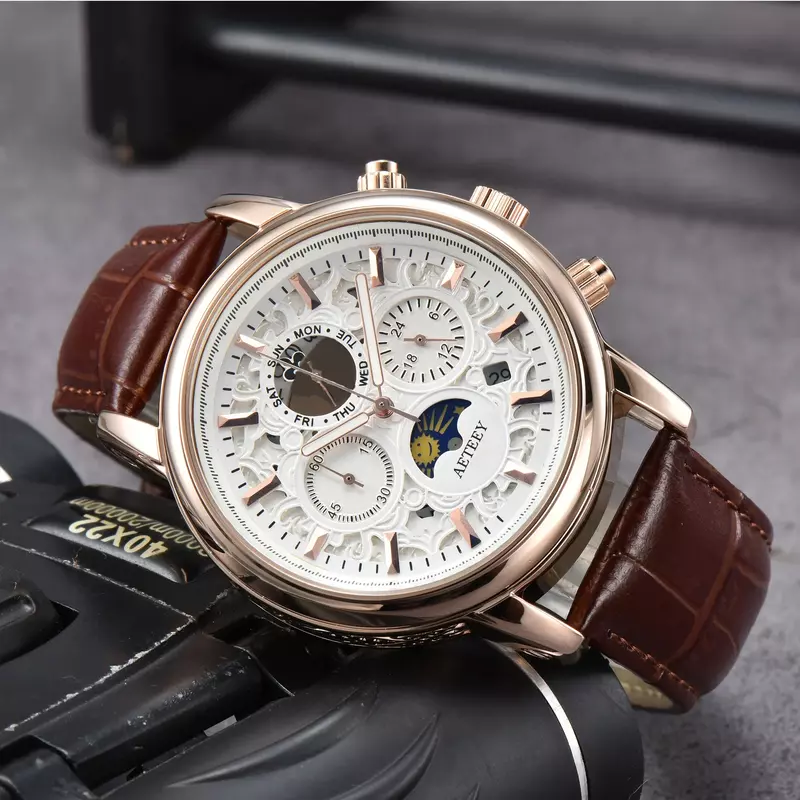Top Model Original Brand Luxury Watches for Men Multifunction Automatic Date Leather Strap Chronograph Moonphase Best AAA Clocks