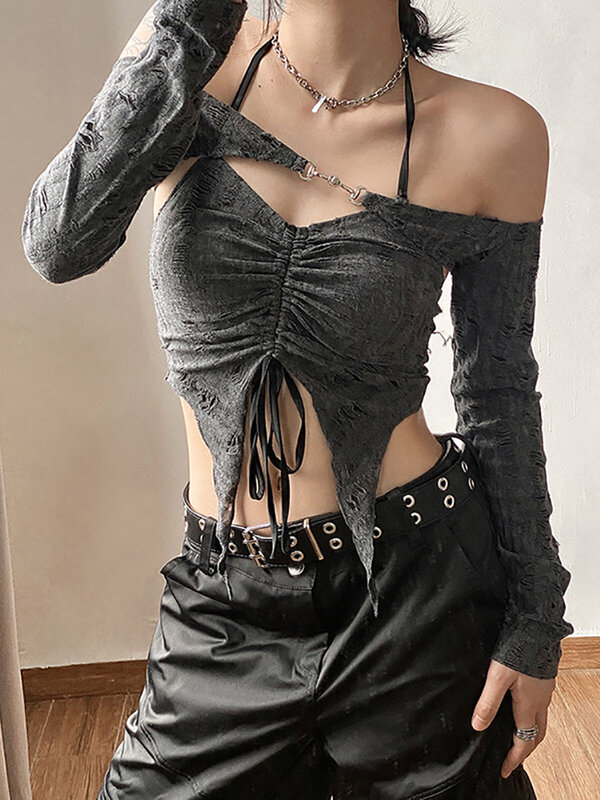 Camiseta gótica oscura Vintage para mujer, conjunto de 2 piezas con cordón, camisola Retro de hada Grunge, Tops cortos de manga larga con hebilla