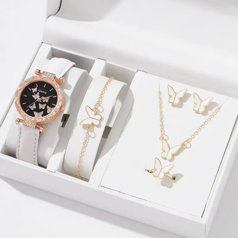 Women's Butterfly Leather Strap Watch, Relógio Anel, Colar, Brincos, Bracelet Set, Ladies Quartz Wristwatch, Sem Caixa, 6 Pcs, 1Pc Set