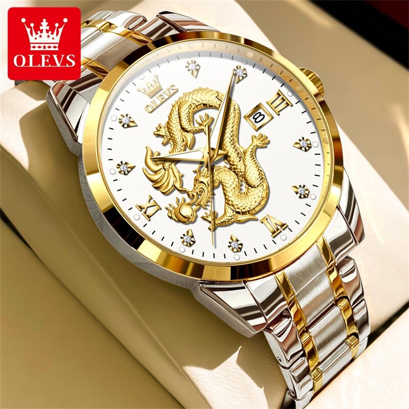 OLEVS New Fashion 3D Carved Dragon Dial Design Quartz Watch Men Stainless Steel Waterproof Luxury Mens Watches Relogio Masculino