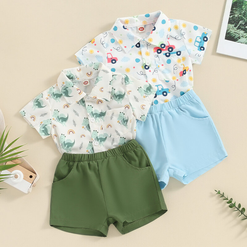 VISgogo-Conjunto de ropa de 2 piezas para bebés, camisa de manga corta con estampado de dinosaurio/coche, Tops con cintura elástica, pantalones cortos, atuendo de verano
