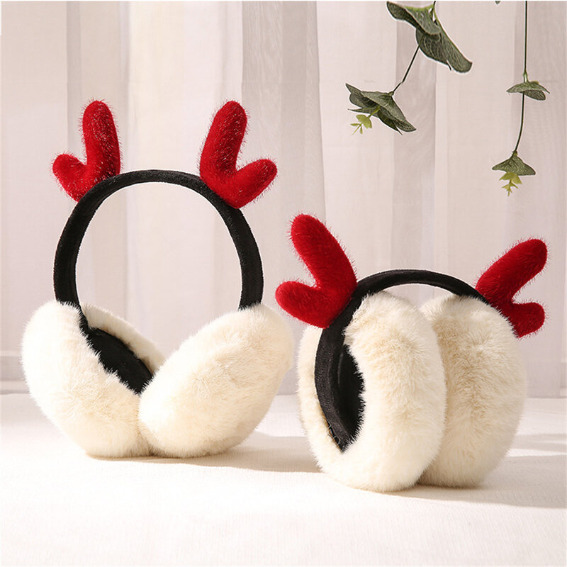Christmas Cute Antlers Earmuffs Soft Plush Ear Warmer for Women Men Sweet Earflap Outdoor Cold Protection Ear-Muffs Ear Cover