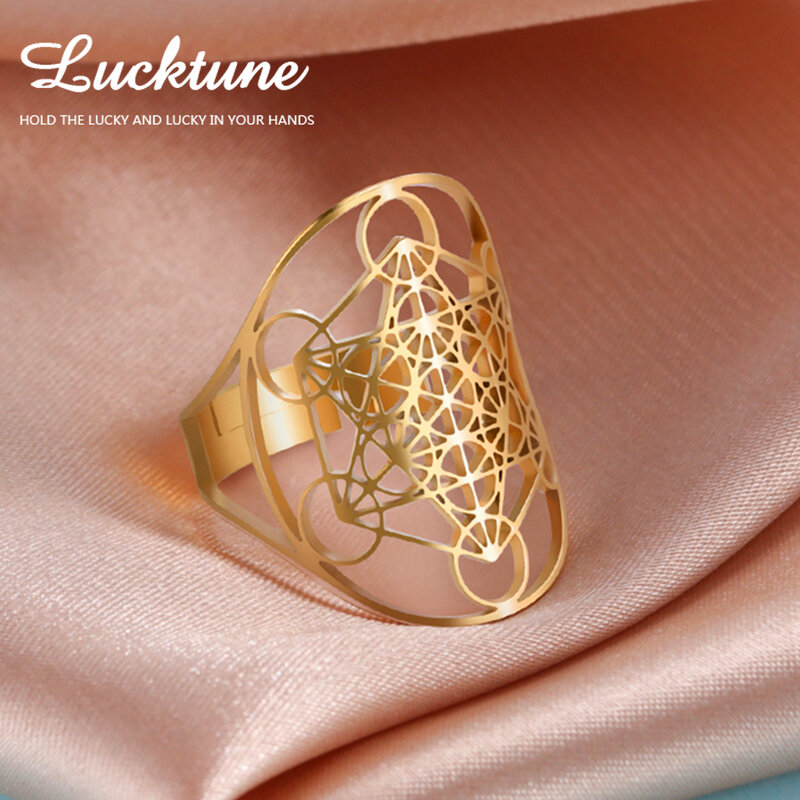 Lucktune 생명의 꽃 성스러운 기하학 반지, 스테인리스 스틸 바이킹 메타트론 부적, 조정 가능한 반지, 여성 남성 2024 보석 선물