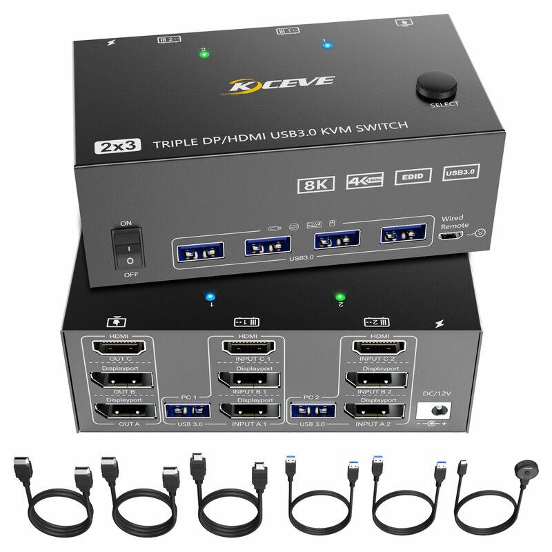KVM Switch DisplayPort, Monitores Triplos, HDMI, 3 Portas, 8K @ 60Hz, 4K @ 144Hz, Display Estendido, 2 Computadores