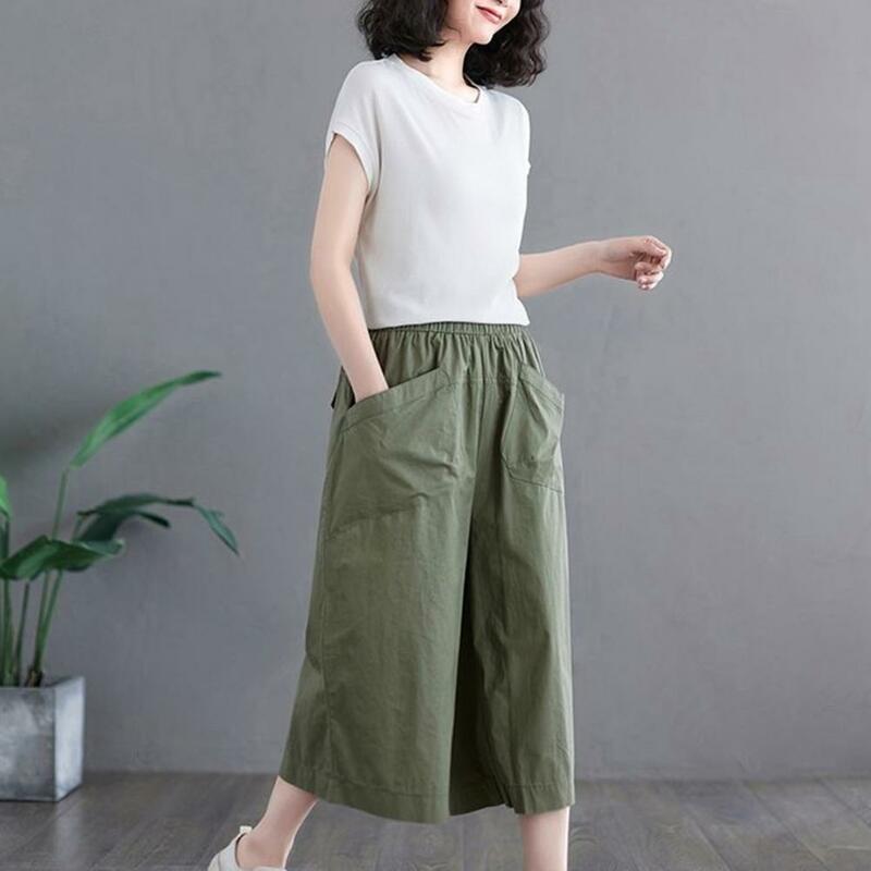 Elastic Waist Wide Leg Pants Stylish Wide Leg Cropped Pants with Pockets for Women Elastic Waist Work Pants Solid Color Loose