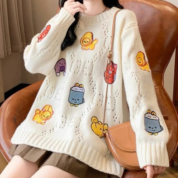 Hsa-Pulôver feminino bordado com gola em O, suéter de malha, puxão solto e doce dos desenhos animados, estilo coreano, outono inverno, novo