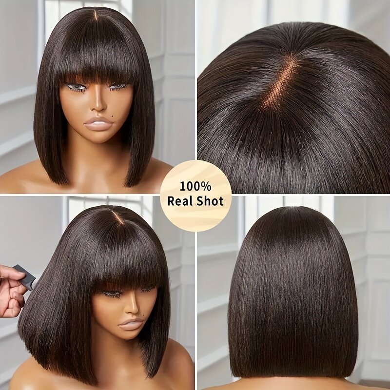Straight Human Hair Wigs With Bangs Full Machine Made Wig Cheap Brazilian Hair Wigs Glueless Short Bob Fringe Wigs 3x1 HD Lace
