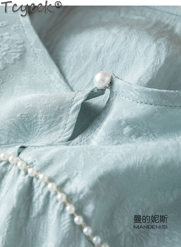 Tcyeek-camisa de seda de morera auténtica para mujer, camisas elegantes para mujer, Tops de Color sólido para primavera y verano, 100%, 2024