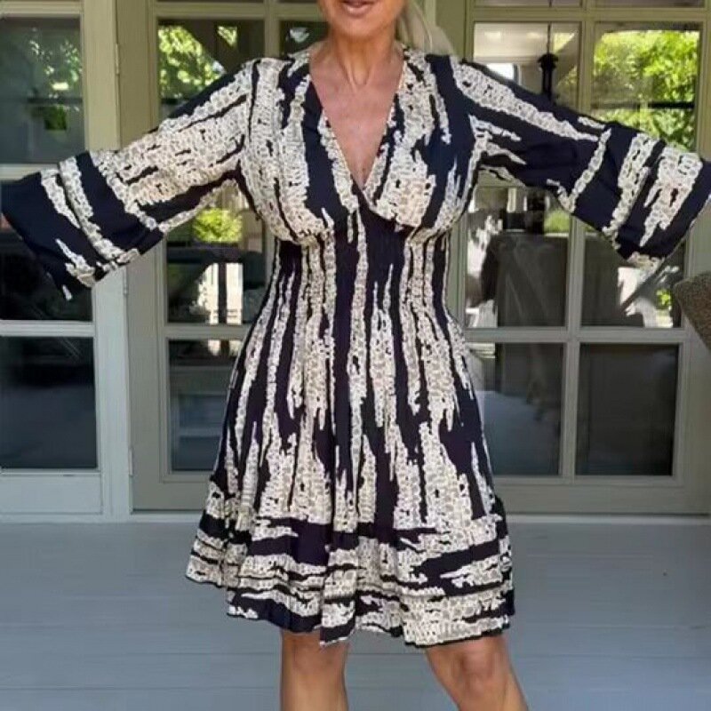 2024 Trend Waist Waist Flared Sleeve V-neck Dress Summer Women's Leisure Holiday Print Midi Skirt