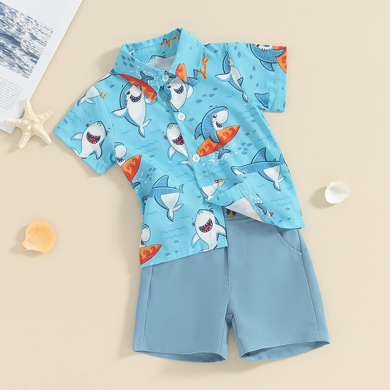 Toddler Baby Boys Cartoon Print Short Sleeve Button Down Shirt Tops Elastic Waist Shorts Set 2Pcs Summer Clothes
