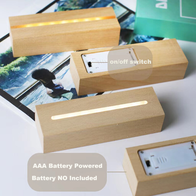 AAA 배터리 전원 5.9 인치 우드 베이스 LED 조명 디스플레이 스탠드, 맞춤형 아크릴 야간 램프 수지 유리 아트 DIY