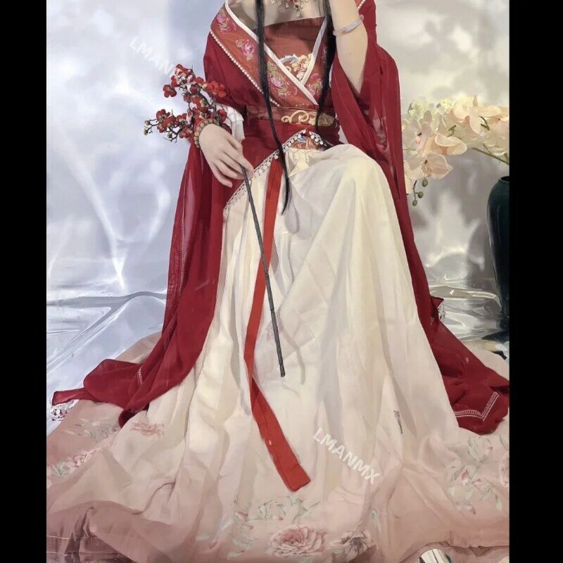 فستان على الطراز الصيني العتيق للنساء ، أحمر تأثيري ، طباعة تقليدية ، تنورة طويلة أنيقة للحفلات ، فتيات ، مجموعة 5