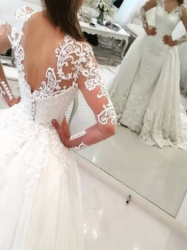 Luksusowa biała 2 w 1 odpinana suknia ślubna syrenka koronkowe aplikacje Arabii Saudyjskiej z długim rękawem suknia ślubna Dubai Vestido De Noiva