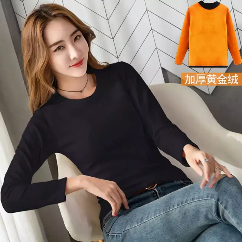 Tops Velvet Clothes One-piece Underwear Winter Wear Collar Thick Shirt Women's Mid-high Bottoming Autumn Thermal