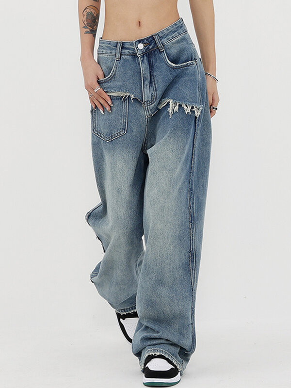 Designer Jeans finti a due pezzi donna Vintage strappati a vita alta gamba larga pantaloni larghi Casual in Denim blu pantaloni Streetwear per ragazze