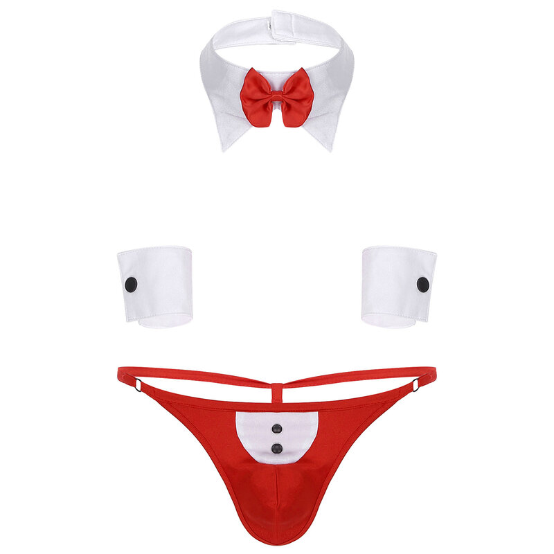 3Pcs Mens Waiter Tuxedo Lingerie Sexy Cosplay Costume Open Back G-string Jockstraps Underwear with Bow Tie Collar and Bracelets
