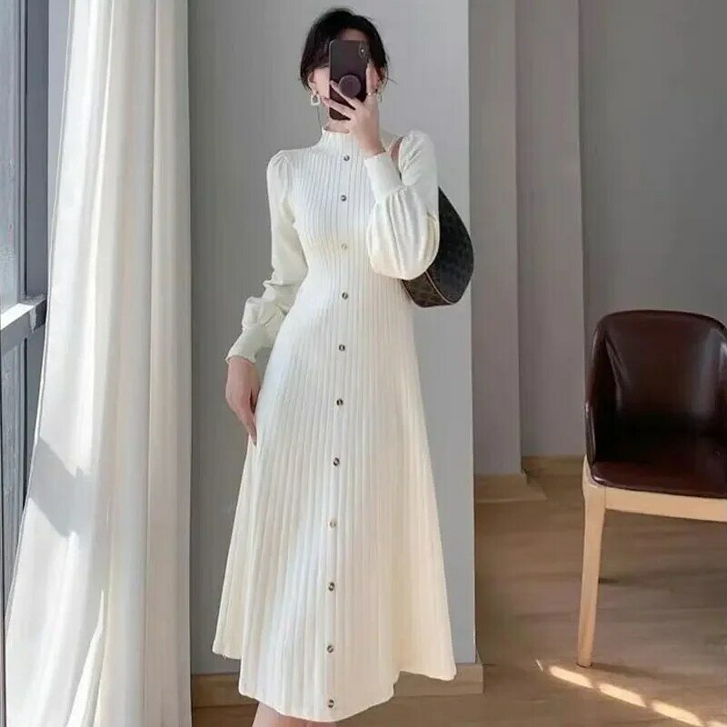 Autumn Winter Thin Korean Fashion Slim Solid Women's Clothing Buttons O-neck Long Sleeve Buttons Patchwork Temperament Dresses