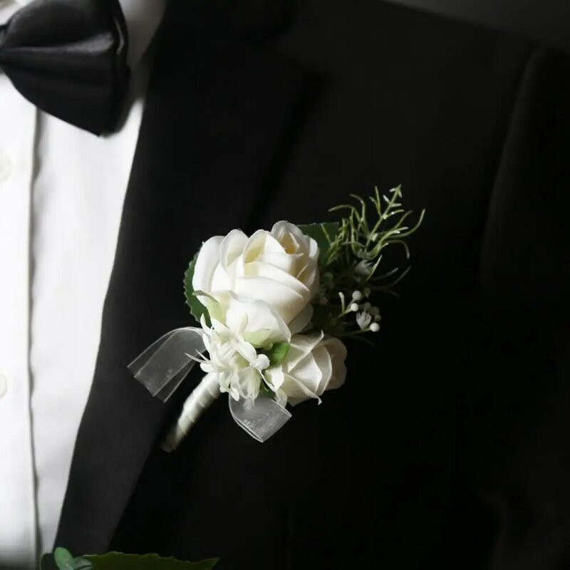 Broche de novio en forma de flor de seda sintética, ramillete decorativo de bolsillo para abrigo de traje, Pin de vestido de flor de Rosa de imitación