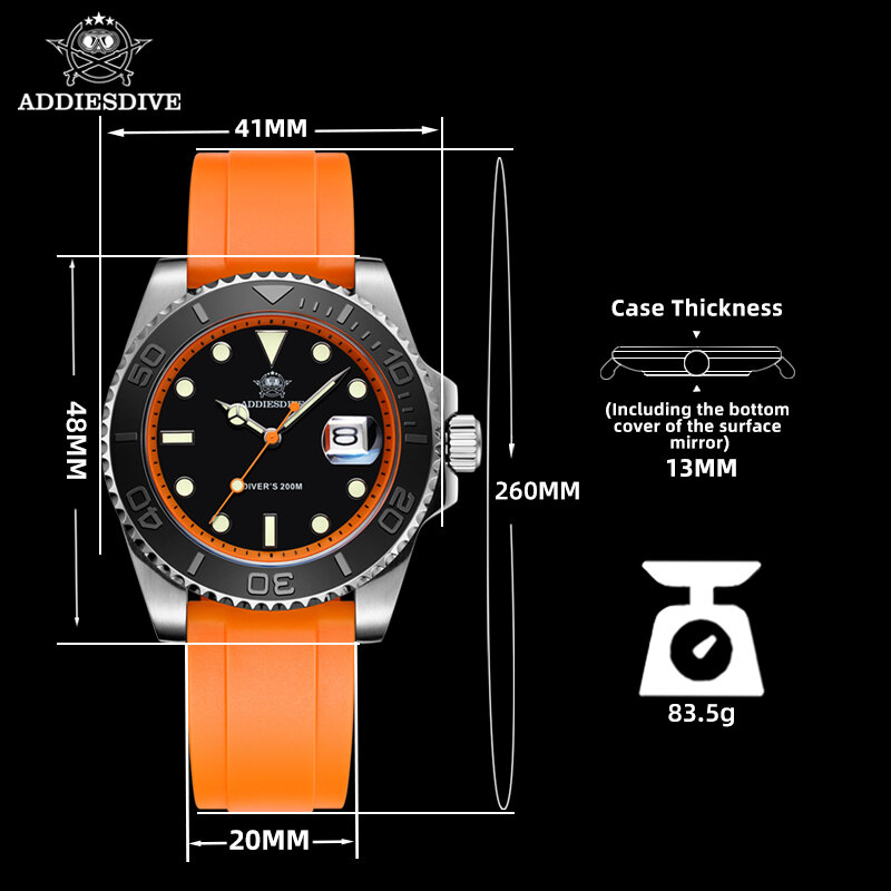 Addiesdive นาฬิกาควอตซ์สำหรับผู้ชาย, นาฬิกาควอตซ์41มม. สแตนเลส BGW9เรืองแสง Tali Jam Tangan karet 200ม. นาฬิกาดำน้ำของผู้ชายใหม่