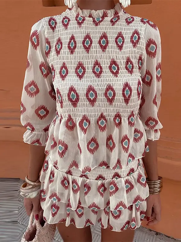 Vrouw Casual Bedrukt Slank Shirt Korte Rok 2 Delige Set Poff Halve Mouw T-Shirt Hoge Taille Geplooide Mini Jurk Pak Outfit