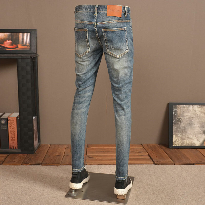 Jeans rasgado de ajuste fino elástico azul retrô lavado masculino, calça jeans casual, streetwear estilista vintage, moda