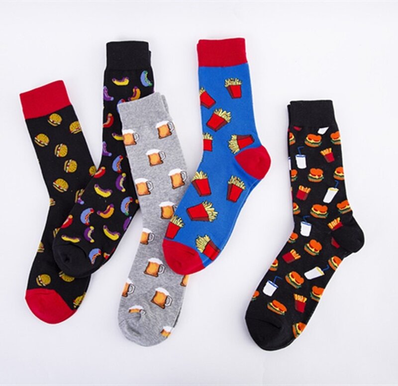 New for 2020 Big Size Cartoon Men's Socks Cotton with Beer Burger Happy Socks for Men Meias 51401