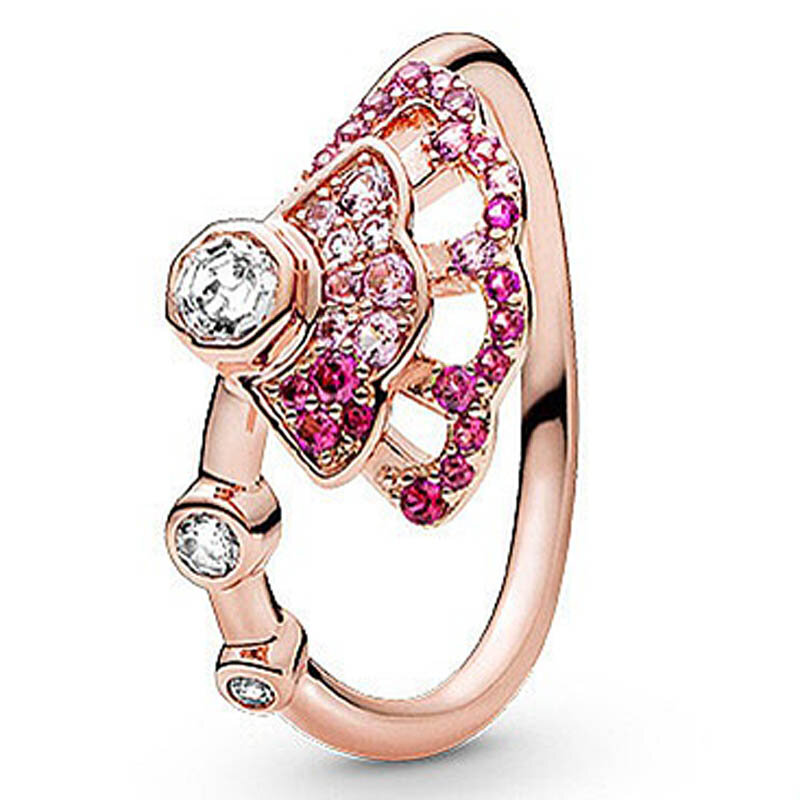 New 925 Sterling Silver Ring Bar Stacking Signature Triple Beaded Pave Band Radiant Teardrop Pink Fan For Women Fashion Jewelry