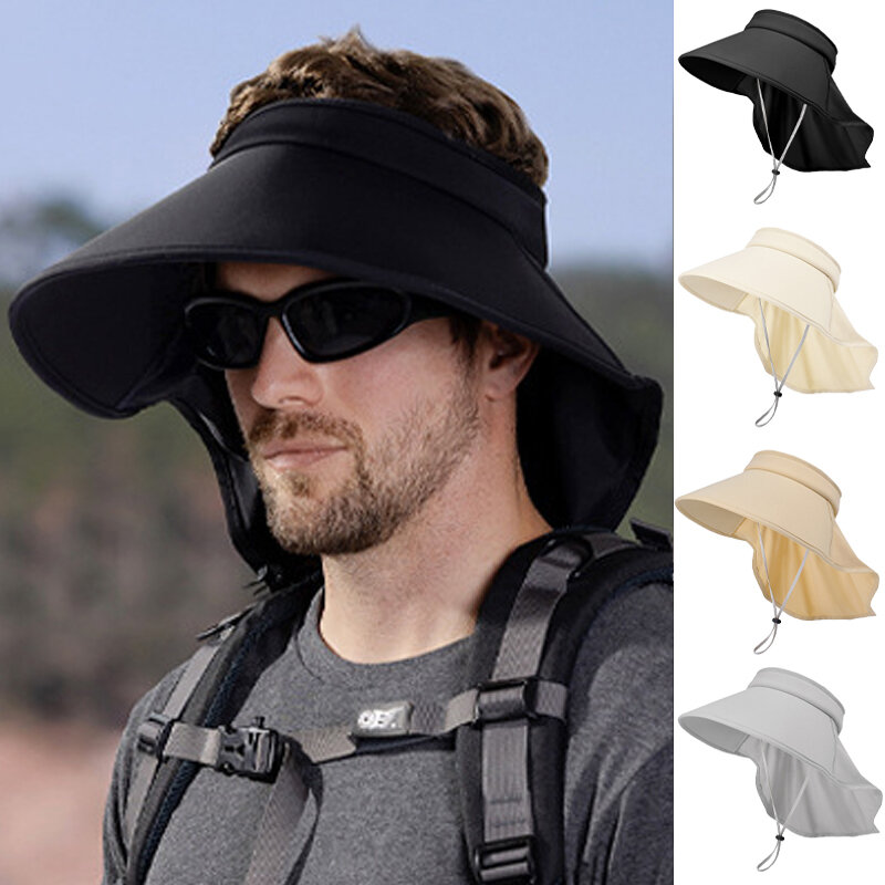 Large Brim Shawl Sun Hat for Men Summer Ice Silk UV Protection Sunshade Empty Top Cap Outdoor Riding Hiking Fishing Climb Visors