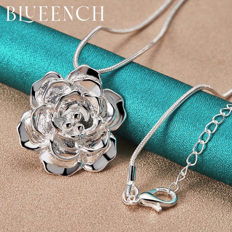 Blueench 925 Sterling Silver Flower Stereo Pendant Necklace for Ladies Wedding Party Fashion Glamour Jewelry