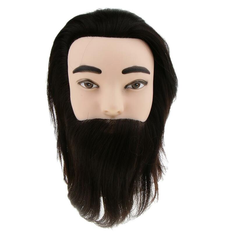 Cabeza masculina de 12 pulgadas, pelo de Color negro con barba, maniquí de entrenamiento de peluquería, cosmetología