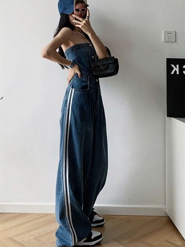 Denim Jumpsuits Tube Top American Retro Sexy Cool Women High Waist Backless Skinny Wrap Chest Stretch Straight Wide-Leg Trousers
