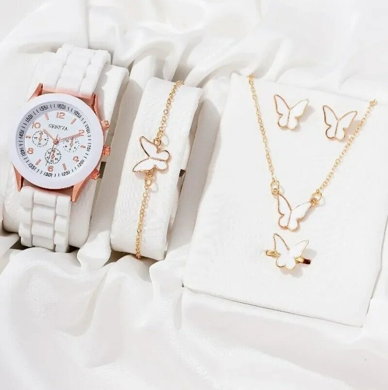 Jam tangan wanita kasual, 5/2 buah Set mewah kalung cincin anting berlian imitasi gelang jam tangan wanita (tanpa kotak)