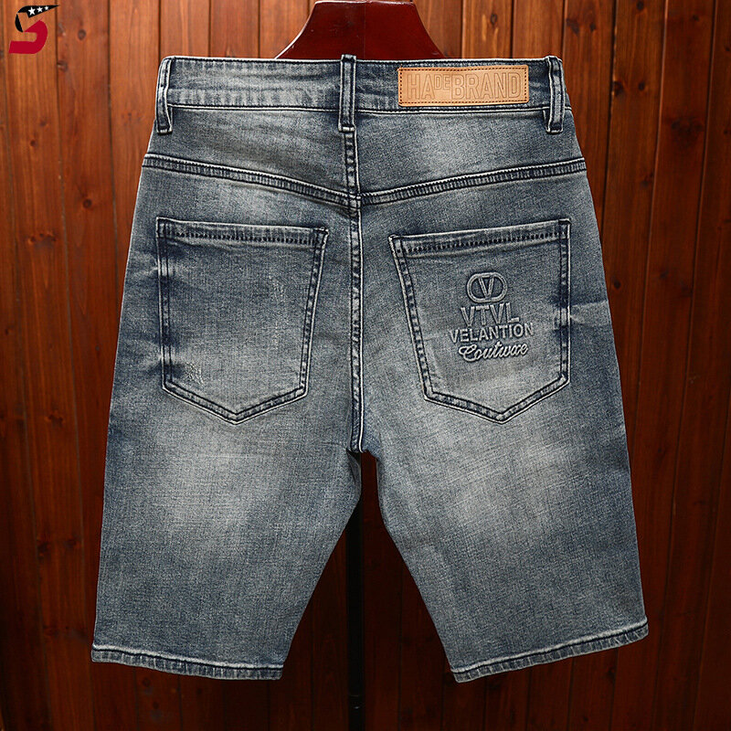 Summer fashion denim shorts men's embossed hole & patch fashion slim straight stretch street trend retro cropped pants