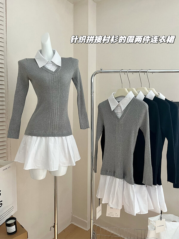 Minivestido de punto de dos piezas para mujer, camisa de manga larga, estilo Preppy, estética Vintage, Gyaru 2023, otoño e invierno, 2000