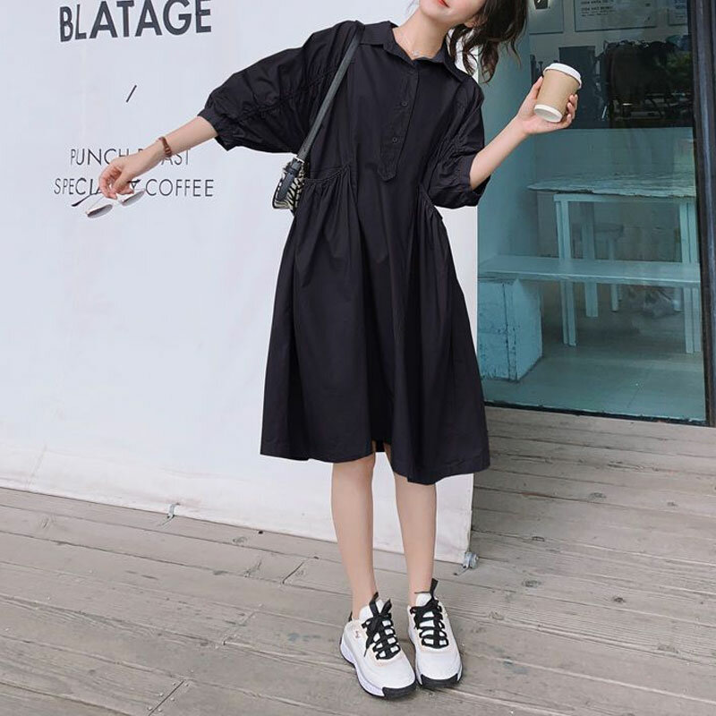 Fashion Commute Loose Midi Dress Solid Color All-match 2024 Summer Half Sleeve Women's Clothing A-Line Spliced Polo-Neck Dresses