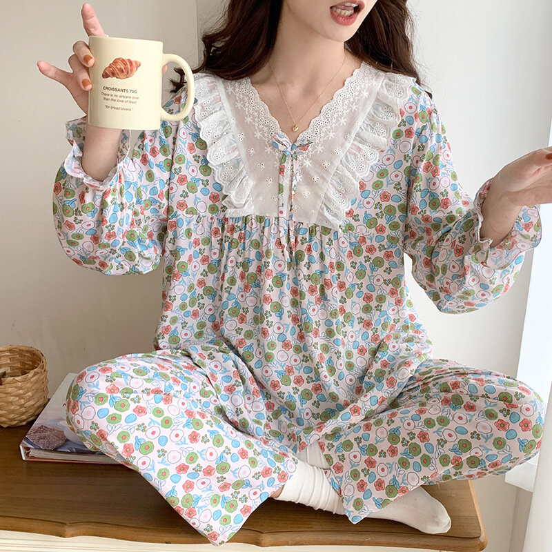 Pijama estampado floral coreano feminino, pijamas de algodão, conjuntos de manga comprida e calças, roupas de casa