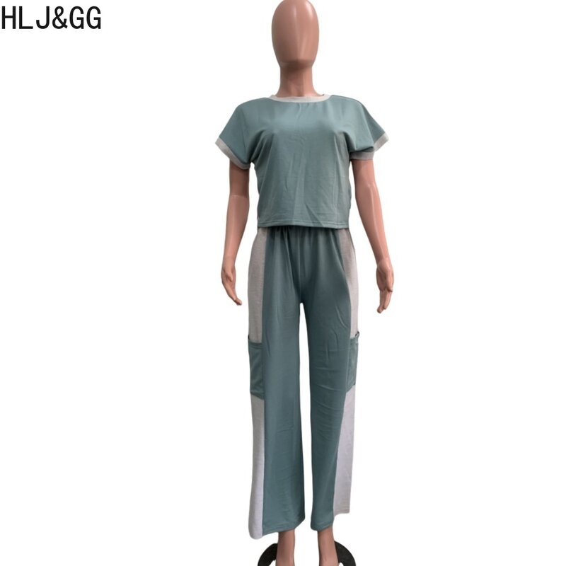 HLJ & GG-2-Piece Set para mulheres, cor casual, emenda, calça reta, gola O, manga curta, top e calças, roupa feminina, 2PCs
