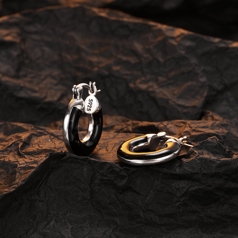 Pendientes de aro de Plata de Ley 925 para mujer y niña, aretes redondos gruesos de esmalte negro dulce, regalo bonito de moda, joyería fina DS3659