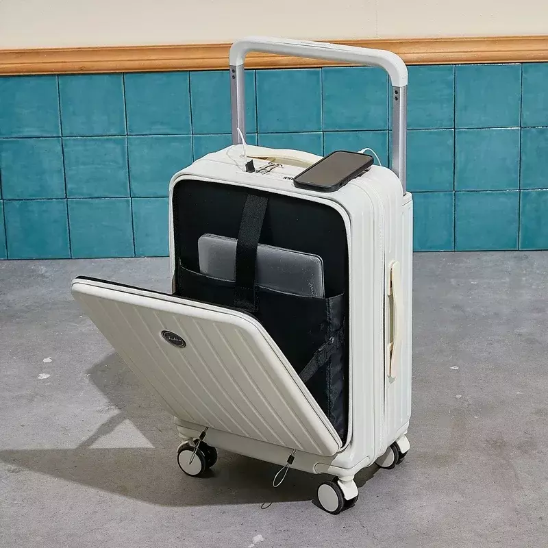 Maleta con asa ancha para equipaje, maleta con Apertura frontal USB de 20 ", maleta con ruedas, bolsa de viaje, portador de cabina, maleta con contraseña