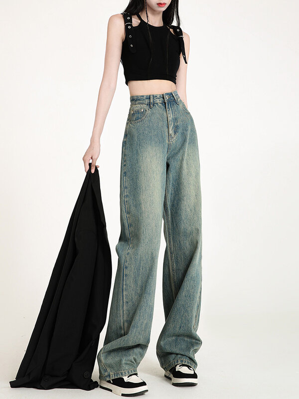 Vintage Blue กางเกงยีนส์สำหรับสตรีตรงหลวมสูงเอวกางเกง Streetwear ลำลองสำหรับคุณแม่แบบแฟชั่น Denim กว้างขา